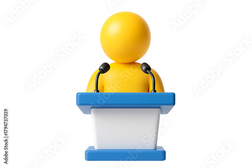 Public Speaking and Presentation Icon: 3D Rendered Stylized Figure on a Podium with a Microphone, Symbolizing Communication and Education.