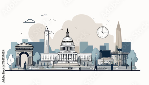 Soft pastel city skyline with civic buildings