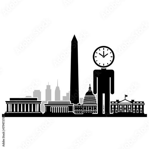 City skyline with obelisk and clock figure
