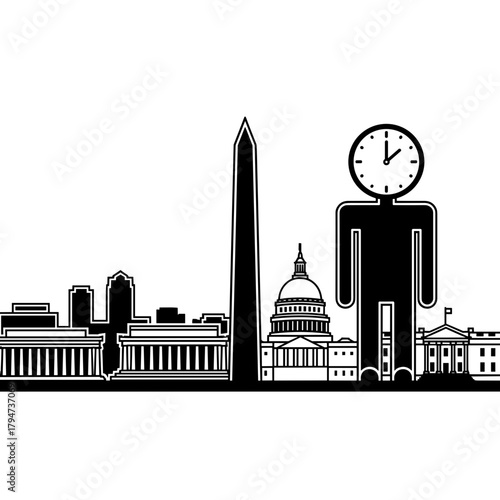 Government skyline with clock-headed standing figure