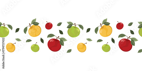 Apples border. Hand drawn vector illustration. Seamless banner for design, wallpaper, decoration, packaging, fabric, postcards