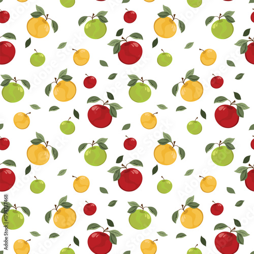 Apple seamless pattern. Colorful fruit background. Hand drawn vector illustration