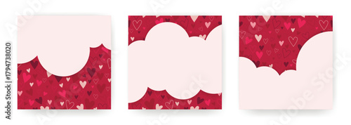Set of square templates for Valentine Day. Festive card with pattern of hearts and copy space. Cute design for postcard or social media post with spare for text. Vector graphics