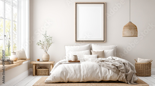 Helle, ruhige Schlafzimmer mit modernen Poster-Mockups über dem Bett und sanften, neutralen Farben. Weiches Tageslicht, natürliche Materialien und dezente Einrichtung