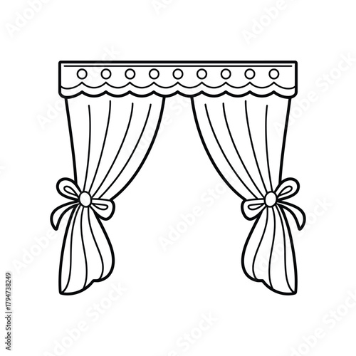 Line art drawing of a pair of elegant tied back curtains with charming bows