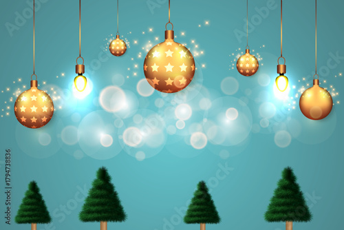 Happy new year Christmas background with golden baubles and Christmas tree with bokeh, for banner, template flyer card, greeting card, copy space area Vector illustration eps 10