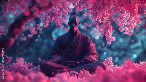 This video captures a still moment of meditation amidst stunning cherry blossoms. Perfect for relaxation and mindfulness themes. Generative AI