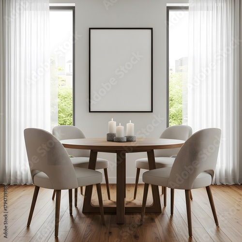 Frame mockup in cozy light kitchen interior, Scandinavian style, 3d render