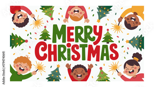 Joyful Christmas Gathering: Festive artwork showcasing delighted children and sparkling fireworks, celebrating the season's magic with Christmas trees and merry wishes. 