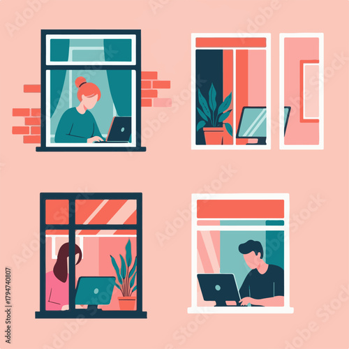 Whisk_4ac1cAi futuristic office workspace with remote job screens illustration of people working from home in apartments, viewed through windows, illustrating remot0e99848adea991494b791015a85dr_traced