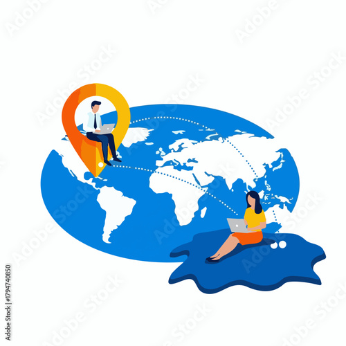 Whisk_05a96f7cAi futuristic office workspace with remote job screens illustration of two people working remotely on laptops, connected across the globe via a world map43004c0b4c047488b72ceb9ddr_traced