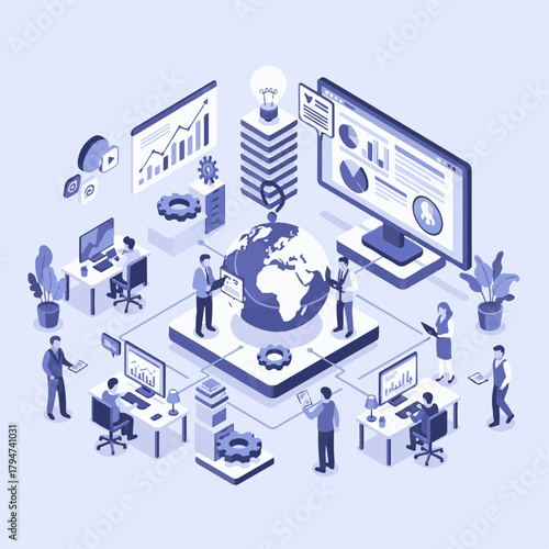 Whisk_53a5cAi futuristic office workspace with remote job screens illustration of isometric illustration of a global business network with people working on compute8954ad99f89f0e4047c2bbe9b8edr_traced