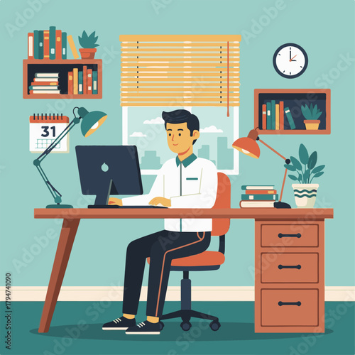 Whisk_81e2cc4cf5858ff8b19Ai futuristic office workspace with remote job screens illustration of a man working on a computer at a desk in a home office, with bookshelves and a win478e6495ac302dr_traced