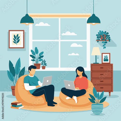 Whisk_1841eAi futuristic office workspace with remote job screens illustration of couple relaxing on beanbag chairs, working on laptops in a cozy living room with p91767909a991dd46d70eea156cedr_traced
