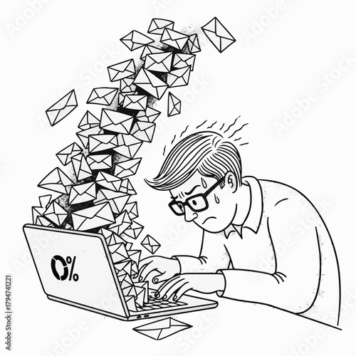 Whisk_0Ai futuristic office workspace with remote job screens illustration of overwhelmed businessman drowning in a flood of emails coming from his laptop, symb971de98bddc006b109414241323d842dr_traced