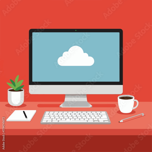 Ai futuristic office workspace with remote job screens illustration of a modern computer setup on a red desk with a potted plant, notebook, pencil, and coffee cup, symbolizing remote work or a home of