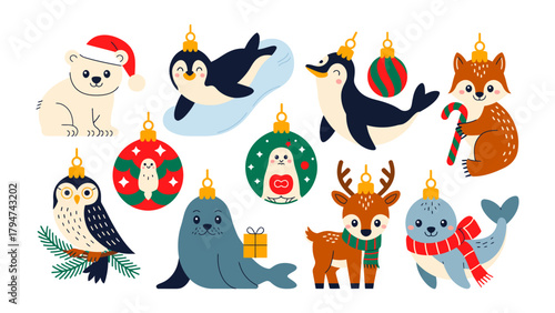 Festive Ornaments of Winter Wonderland: Whimsical illustrations capture the spirit of the season, showcasing various adorable animals adorned as festive ornaments.