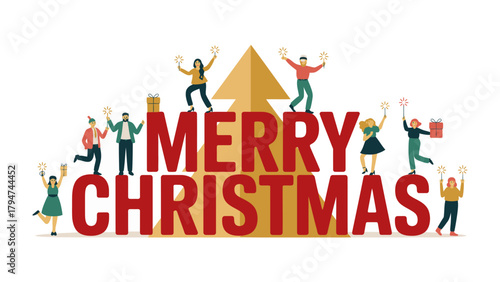 Holiday Gathering: A festive display of Merry Christmas with people, Christmas tree, gift and star in a holiday themed illustration. 