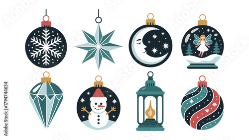 Ornamental Embellishments:  A collection of stylized festive ornaments, showcasing various shapes and designs, ready to bring warmth to holiday seasons and festive celebrations.