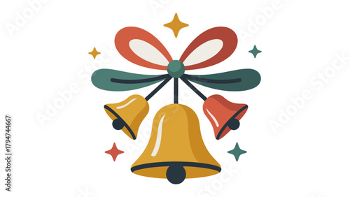 Festive Bells Illustration: A cheerful illustration of three ornamental bells, adorned with a decorative bow and sparkling stars, evokes a sense of holiday cheer.
