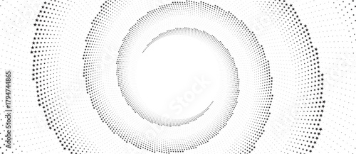 Creative halftone spiral with stars vector close up. Abstract halftone advertising background or design element. Optical illusion effect.