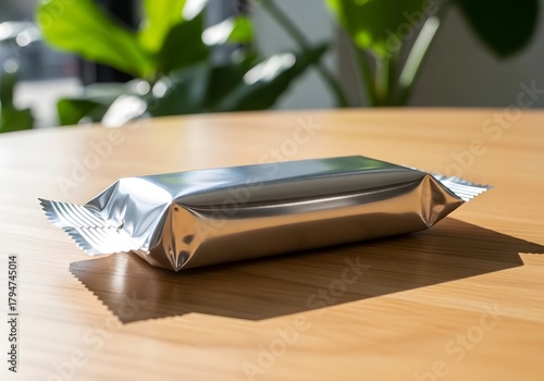 Silver Foil Snack Bar on Wooden Surface Mockup