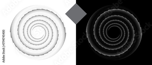 Spiral dotted background with rhombuses. Yin and yang style. Design element or icon. Black shape on a white background and the same white shape on the black side.