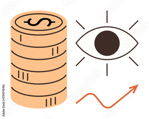 Stacked coins beside an eye symbol emphasize financial vision, planning, and growth. Upward arrow signifies progress. Ideal for business, finance, investment, success strategy, analysis economy