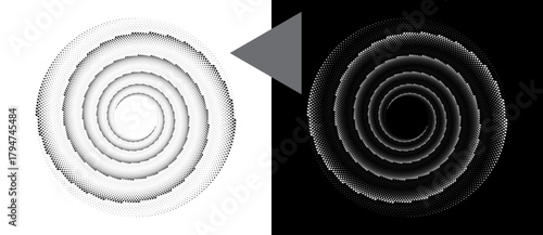 Spiral dotted background with triangles. Yin and yang style. Design element or icon. Black shape on a white background and the same white shape on the black side.