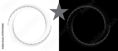 Spiral dotted background with stars. Yin and yang style. Design element or icon. Black shape on a white background and the same white shape on the black side.