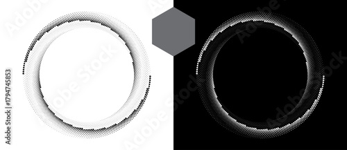 Abstract background with hexagons in circle. Art design spiral as logo or icon. A black figure on a white background and an equally white figure on the black side.