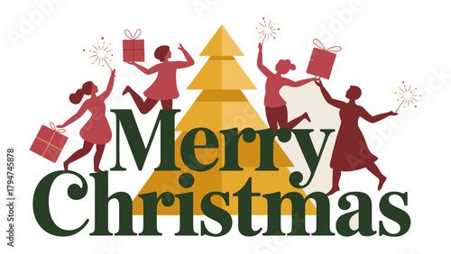 Joyful Christmas Celebration: Illustrative holiday scene, cheerful figures, colorful gifts, celebrating the spirit of the season.