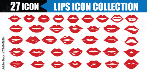 Red Lips Icon Collection Set. sexy woman's lips expressing different emotions, such as smile, kiss, half-open mouth, biting lip, lip licking and more . sexy woman's lips Vector Illustration