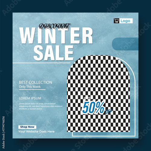 Winter sale announcement with 50 percent discount and new collection details