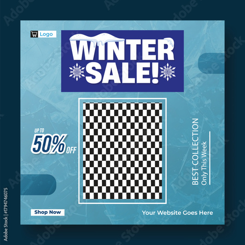 Winter sale announcement with 50 percent discount and checkered pattern