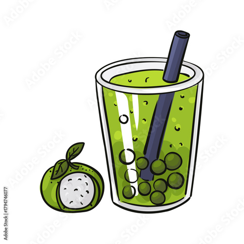 bright green matcha tea in glass with tapioca pearls, dark straw, complemented by a matcha mochi dessert decorated with leaves. illustration is black with a contour. For decorating cafes, about Asian