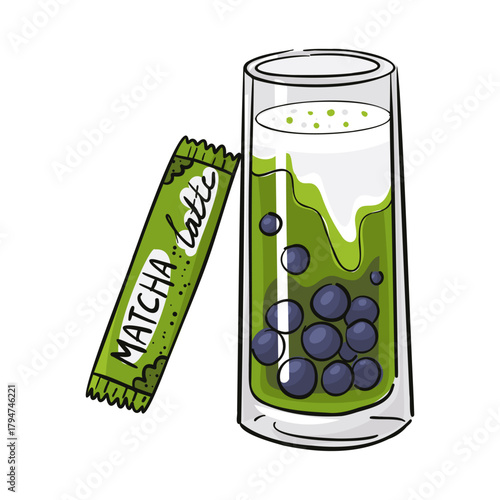 tall glass of cold matcha latte with added milk. Green matcha tea with large tapioca balls, as well as a powdered matcha latte bag. perfect for boba shop menus and Asian drink concepts