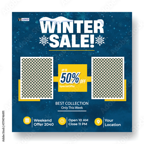 Winter sale announcement with 50 percent discount and product showcase for online retail