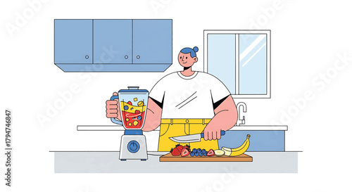 Modern vector illustration of a person meticulously preparing a vibrant fruit smoothie in a contemporary kitchen setting, promoting a healthy lifestyle and homemade nutrition