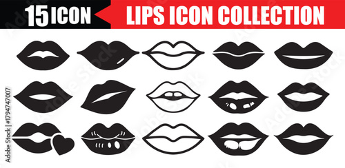 Black lips collection. Vector illustration of sexy woman's lips expressing different emotions.