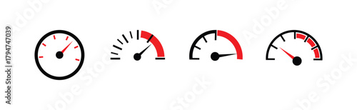 Set of speedometer gauge, dashboard indicator showing speed, performance measurement tool, vector illustration
