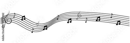 Musical notes, stave with flying notes, melody sketch with musical staff wave, comic, vector Musical white background. EPS10