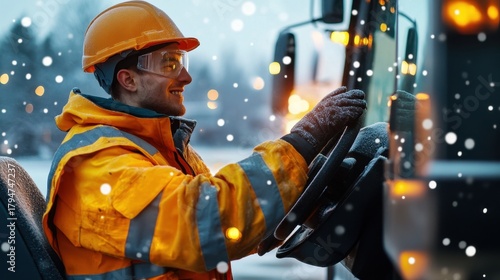 Young Operator Entering Machine in Cinematic Snowy Environment