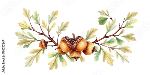 Acorn wreath, autumn design with acorns, leaves, watercolor style. Illustration of the autumn season. For greeting cards, scrapbooking dividers and seasonal design.