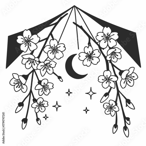 Minimilist blooming cherry blossoms with moon and stars under a geometric canopy design in black and white vector