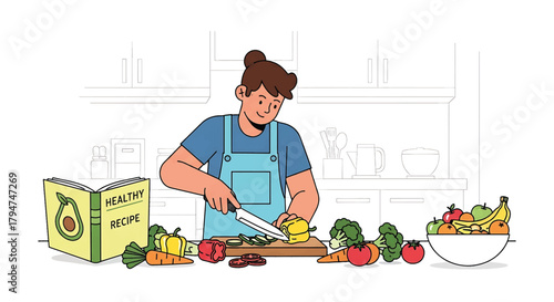 Engaged individual preparing a wholesome meal in a bright kitchen, meticulously chopping fresh vegetables for a nutritious recipe, illustration