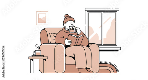 Cozy winter evening at home with a person relaxing in an armchair, enjoying a warm drink while immersed in reading a book