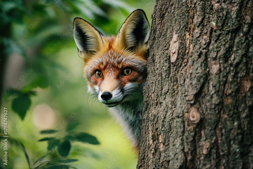 Naklejka premium Generative AI image of curious wild red fox peeking from behind tree trunk in green summer forest with soft natural lighting