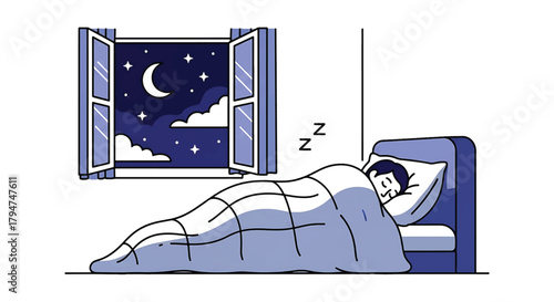 Person enjoying a peaceful and restful night's sleep in a cozy bed at home, with an open window revealing a beautiful starry night sky outside