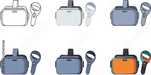 Virtual Reality Headset and Controller Vector Icon Set, VR Gaming and Future Technology Illustration.
